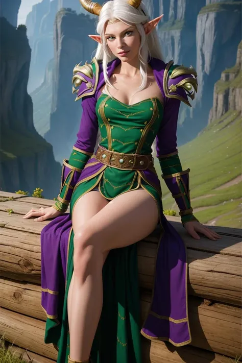 1990s \(style\), solo, 1girl, white hair, long hair, elf, pointy ears,sitting, legs_crossed, green eyes, green robes, shoulder armor, gauntlets, nemesis, warlock, long long sleeves, circlet, upper body, belt,  warcraft, night, cavern, cave, water, horns, <lora:Clothes - Nemesis:0.45> upper body, detailed background,