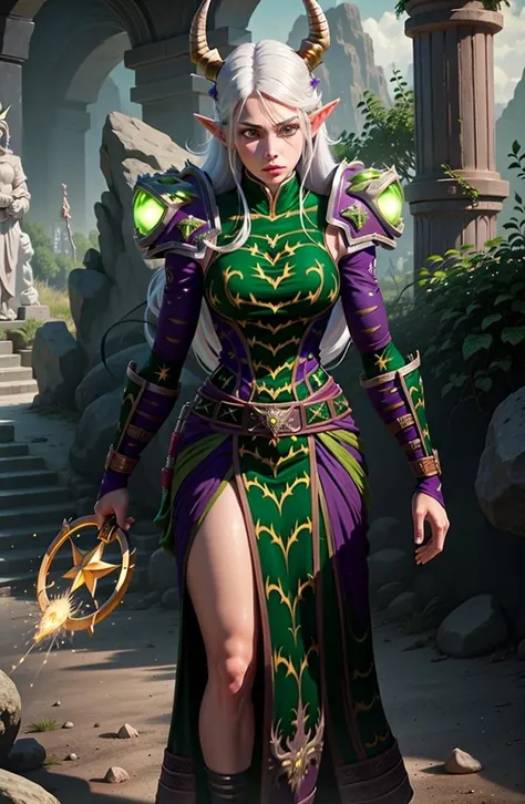 1girl, nemesis, green robes, runes, shoulder armor, gauntlets, belt, elf, pointy ears, white hair, long hair, horns, <lora:Clothes - Nemesis:0.75> long skirt,
detailed background, dark ritual, summoning circle, magic, cave, dim lighting, glowing runes,