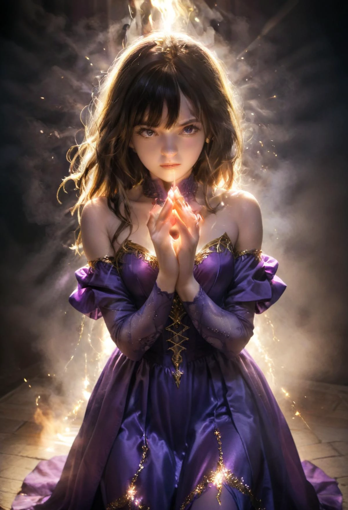 , cinematic, realistic, photorealistic, score_8_up, score_9, score_8_up score_7_ up, sharp, hyperdetailed, hyperrealistic, textured skin BREAK, Mystic Sorcerer: Bald, tattooed mystic, shrouded in billowing purple robes, gloved hands glowing with power. , conjuring a blinding flash of light, dazzling opponents momentarily , in court background , wide angle, dutch angle, golden hour, vivid colors, realistic lights, perfecd body proportions <lora:43stl1ght1ngXLP2:1> 43stl1ght1ng, low light, dramatic lighting, darkness, neon, <lora:OMG-Is-DucHaiten_v1.0:1>