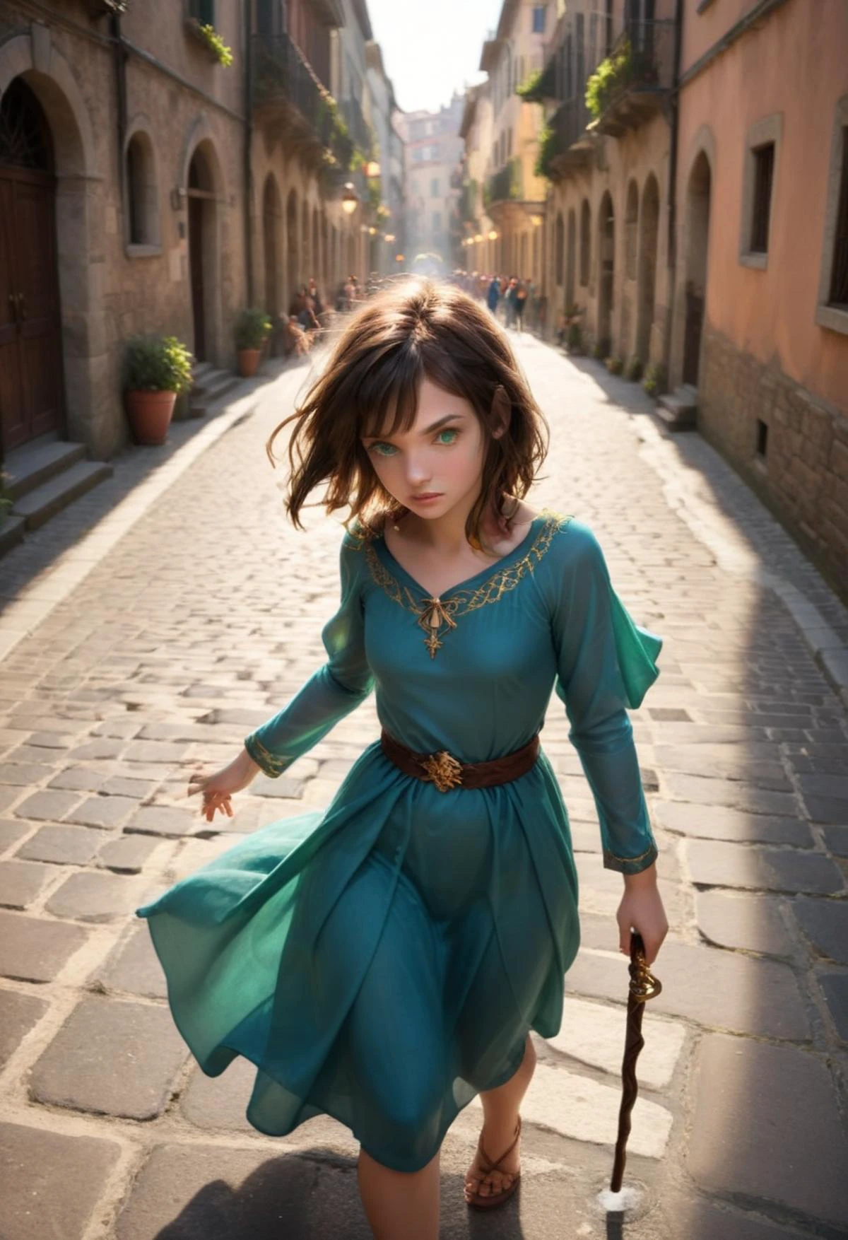 , cinematic, realistic, photorealistic, score_8_up, score_9, score_8_up score_7_ up, sharp, hyperdetailed, hyperrealistic, textured skin BREAK, Halfling, Monk, Female, small build, curly brown hair, green eyes, wearing simple robe and carrying a quarterstaff. , gravitational resistance, character stands against an invisible force, leaning into the wind created by gravitational resistance , in vatican city background , wide angle, dutch angle, golden hour, vivid colors, realistic lights, perfecd body proportions <lora:43stl1ght1ngXLP2:1> 43stl1ght1ng, low light, dramatic lighting, darkness, neon, <lora:OMG-Is-DucHaiten_v1.0:1>
