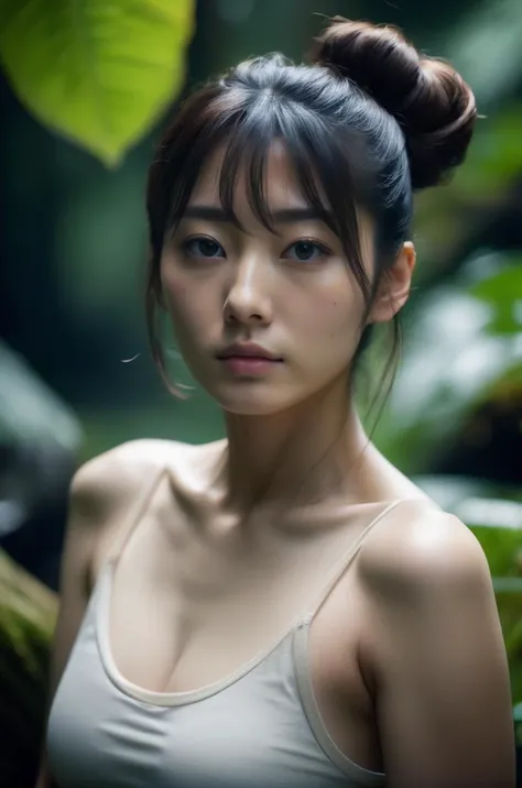 (masterpiece,best quality, ultra realistic,32k,RAW photo,detail skin, 8k uhd, dslr,high quality, film grain:1.5),
jpn-girl, japanese girl,
 23  yo, 1girl, woman wearing casual clothes, blurry background, 
bun hair , 
balancing  at 
 Rainforest with a hidden lagoon  ,
arms behind back
 <lora:jpn-girl_v1:0.75>