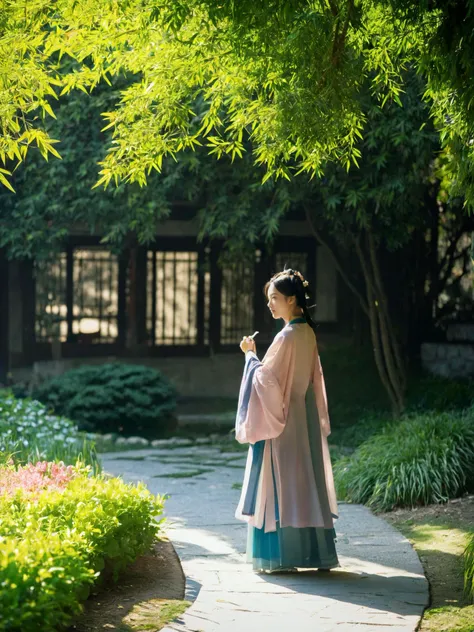 jpn-girl,(Best Quality: 1.2), Masterpiece, HD, HDR, 8K, (Film Quality: 1.2), Film Tone, Serene Garden Scene, Lens 35mm, Depth of Field, Soft Tone, (Film Vignetting: 1.2), Film Grain, Photorealistic, Realistic, Soft Sunlight, dappled light and shadow, tranquil atmosphere, Secluded garden, 1woman, solo, exquisite Hanfu, full body, waiting pose, calm expression, detailed Hanfu with bamboo shadow patterns, flowing silk material, colorful details, promise of a sweet love encounter, bamboo shadows, serene ambiance, traditional Chinese garden elements, stone paths, blooming flowers.
<lora:japanese_girl_v1.1:0.8>
