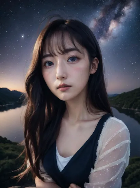 1girl, <lora:japanese_girl_v1.1:1>,jpn_girl,full body, above is stars and milky way,, pov, full length shot, photo-realistic, soft shadows, no contrast, clean sharp focus, shot on sony a7iv, sigma 24mm f1.4, film grain, natural lighting, professional color grading, best quality, masterpiece, highres, absurdres, incredibly absurdres, huge filesize, wallpaper, colorful,8K,RAW photo, beautifully detailed eyes, messy hair, long hair, flipped hair, Hair glows, pov