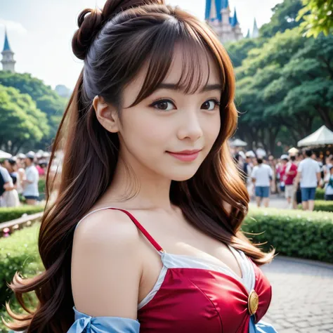 cinematic, a beautiful female model is posing in cosplay outfit of a Disney princesses Disney world park, airy __haircolor__ __hairstyle__, smile, art by mooncryptowow, <lora:japanese_girl_v1.1:0.9>, jpn-girl, ziprealism