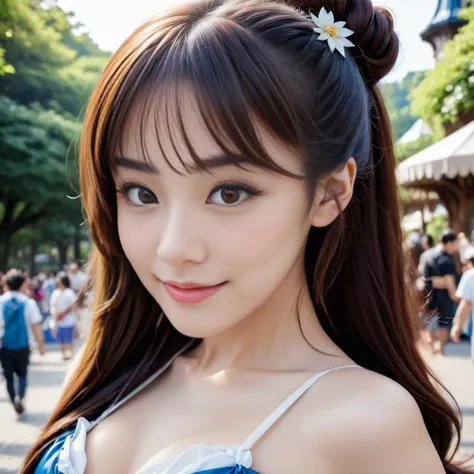 cinematic, a beautiful female model is posing in cosplay outfit of a Disney princesses Disney world park, airy __haircolor__ __hairstyle__, smile, art by mooncryptowow, <lora:japanese_girl_v1.1:0.9>, jpn-girl, ziprealism