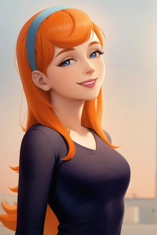 <lora:jasmine_fenton:0.6>, jasmine fenton, masterpiece, best quality, 1girl, solo, orange hair, long hair, smile, blue eyes, hairband, looking up, upper body, black shirt, long sleeves,