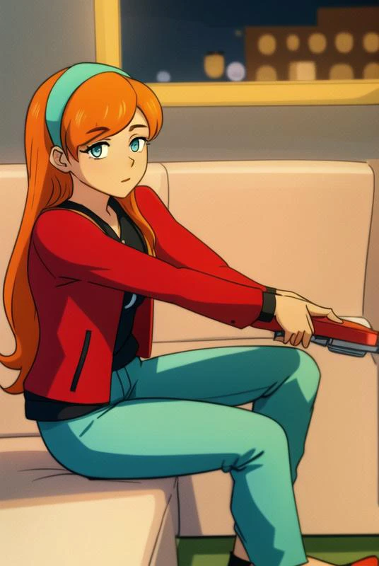 <lora:jasmine_fenton:0.6>, jasmine fenton, masterpiece, best quality, 1girl, solo, jacket, long hair, parody, sitting, pants, red jacket, orange hair, green eyes, wide-eyed