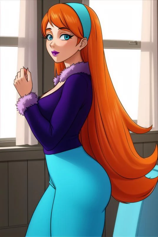 <lora:jasmine_fenton:0.6>, jasmine fenton, masterpiece, best quality, 1girl, parody, orange hair, long hair, style parody, solo, window, hairband, sad, makeup, aqua pants, fur coat, purple coat,
