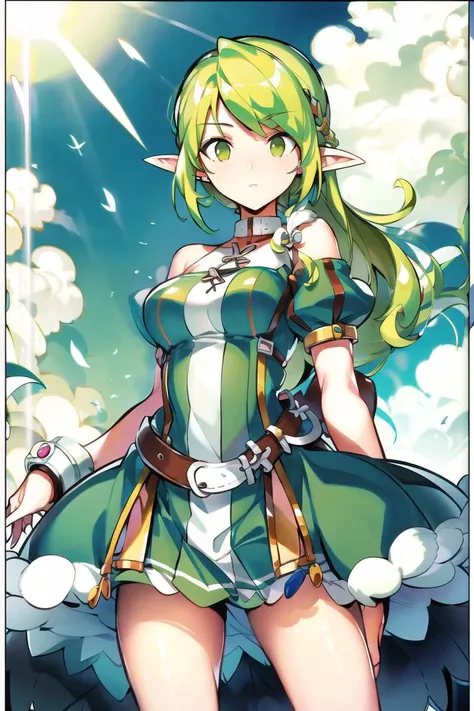 best quality, masterpiece, solo, 1girl, <lora:RenaV2:1>rena_erindel,green eyes, green hair, 1girl, solo, pointy ears, elf,, <lora:kurosu_gatariv3-10:1>,