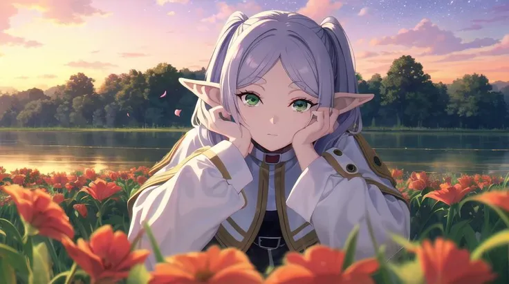 <lora:GoodHands-beta2:1>,<lora:frieren-lora-nochekaiser:1>,frieren,solo,1girl,solo_focus,looking_at_viewer,long hair,twintails,(green eyes:1.5),grey hair,pointy ears,elf,BREAK shirt,long sleeves,jewelry,pantyhose,earrings,striped,black pantyhose,capelet,striped shirt,BREAK looking at viewer,upper body,(full body:1.1),outdoors,sky,nature,painting,(masterpiece:1.2),best quality,high resolution,unity 8k wallpaper,(illustration:0.8),(beautiful detailed eyes:1.5),extremely detailed face,perfect lighting,extremely detailed CG,(perfect hands, perfect anatomy),beautiful and delicate water,the finest grass,very delicate light,water spray,breeze,flowers and grass meadow,near the water edge,(sunset, starry sky in a circle),randomly distributed clouds,river,splashing water,falling petals,