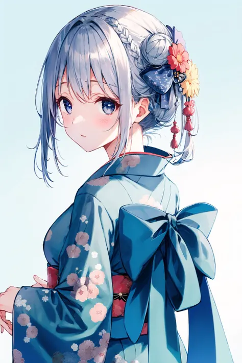 japanese_clothes, kimono, 1girl, solo, looking_at_viewer, white_kimono, floral_print, hair_bun, upper_body, blush, sash, eyebrows_visible_through_hair, blue_kimono, yukata, obi, wide_sleeves, bangs, print_kimono, hair_flower, long_sleeves, blue_eyes, hair_ornament, closed_mouth, breasts, silver_hair, double_bun, bow, flower, hair_between_eyes, short_hair, back_bow, hair_up, braid, grey_eyes <lora:style_Hiten_3.0:0.8>
