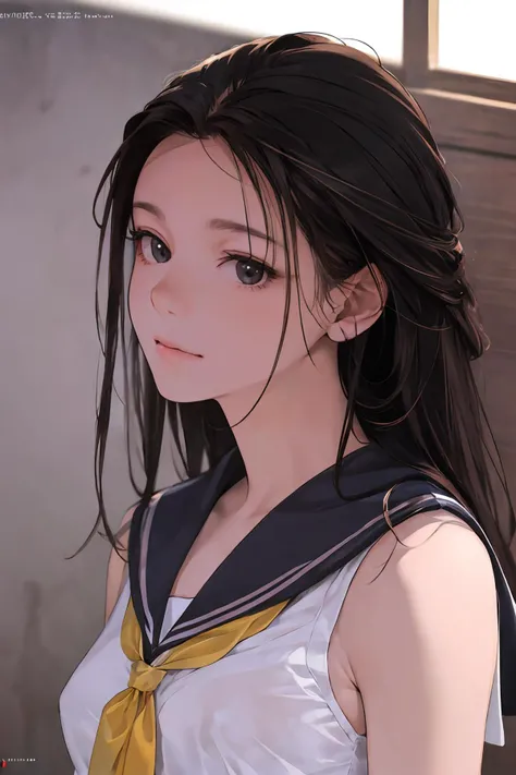 8k high quality detailed,highres,anime,comic,detailed image,
(an illustration of a teenage girl posing,(an illustration of girl,teenage girl)),(magazine_illustration),
(,1girl,long hair,black hair,black eyes,small breasts),((Innocent Smile):0.8),detailed_face,
((With one hand touching her chin, eyes gazing into the distance, she emanates contemplation and wonderment):0.8),
(, MIS,bow,[[see-through]],collar,sailor_collar,sleeveless),(,realistic clothing texture,realistic_skin_texture),<lora:VivianX:0.75>,<lora:MIS_20240424124300:0.6>,<lora:more_details:0.2>
