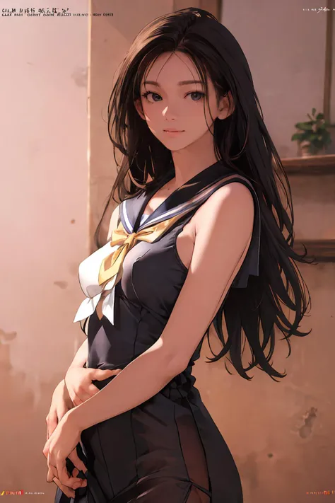 8k high quality detailed,highres,anime,comic,detailed image,
(an illustration of a teenage girl posing,(an illustration of girl,teenage girl)),(magazine_illustration),
(,1girl,long hair,black hair,black eyes,small breasts),((Playful Smile):0.8),detailed_face,
((Standing, one hand on the hip, the other arm extended,):0.8),
(, MIS,bow,[[see-through]],collar,sailor_collar,sleeveless),(,realistic clothing texture,realistic_skin_texture),<lora:VivianX:0.75>,<lora:MIS_20240424124300:0.6>,<lora:more_details:0.2>