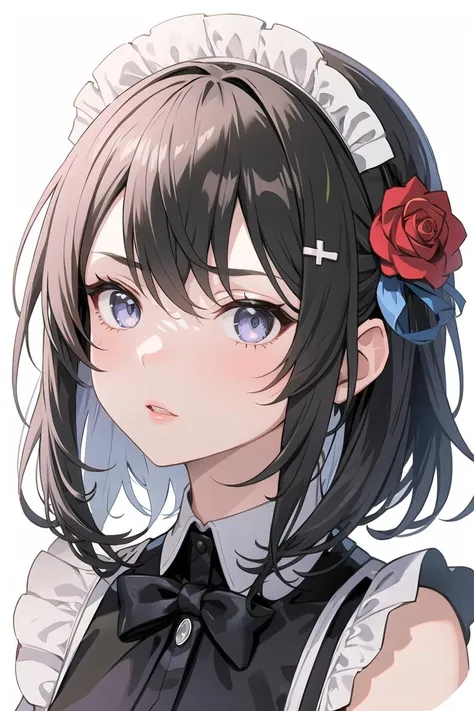 1girl, maid_headdress, solo, rose, flower, maid, grey_eyes, hair_flower, bangs, looking_at_viewer, white_background, black_flower, simple_background, collared_shirt, eyebrows_visible_through_hair, parted_lips, hair_ornament, black_rose, portrait, shirt, cropped_shoulders