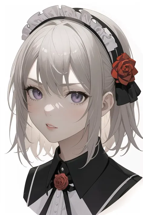 1girl, maid_headdress, solo, rose, flower, maid, grey_eyes, hair_flower, bangs, looking_at_viewer, white_background, black_flower, simple_background, collared_shirt, eyebrows_visible_through_hair, parted_lips, hair_ornament, black_rose, portrait, shirt, cropped_shoulders <lora:style_AGM:0.8>