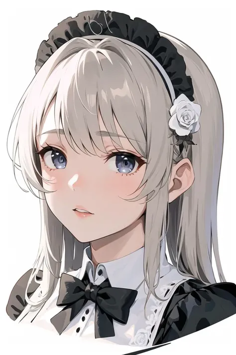 1girl, maid_headdress, solo, rose, flower, maid, grey_eyes, hair_flower, bangs, looking_at_viewer, white_background, black_flower, simple_background, collared_shirt, eyebrows_visible_through_hair, parted_lips, hair_ornament, black_rose, portrait, shirt, cropped_shoulders <lora:style_GIn00:1>
