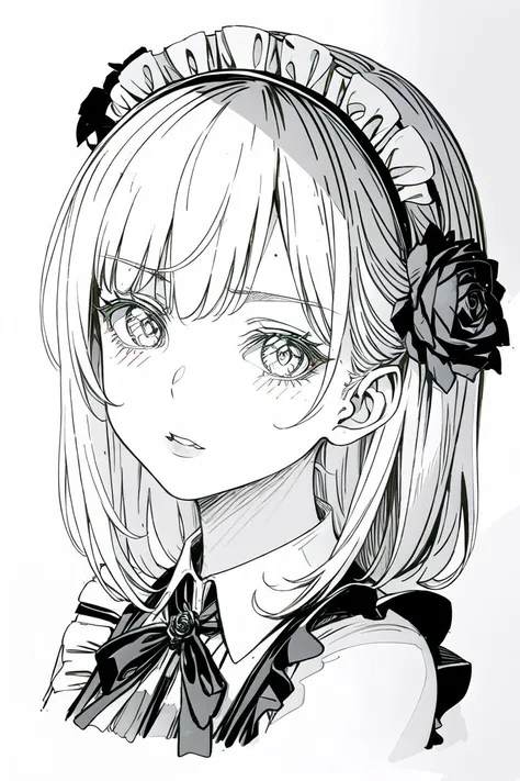 1girl, maid_headdress, solo, rose, flower, maid, grey_eyes, hair_flower, bangs, looking_at_viewer, white_background, black_flower, simple_background, collared_shirt, eyebrows_visible_through_hair, parted_lips, hair_ornament, black_rose, portrait, shirt, cropped_shoulders <lora:style_OriginalPicture:0.6> <lora:style_AnimeOriginal:0.4>
