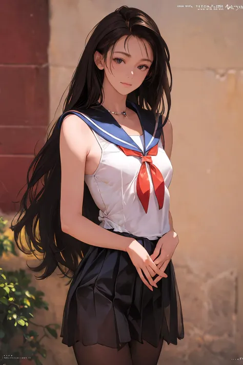 8k high quality detailed,highres,anime,comic,detailed image,
(an illustration of a teenage girl posing,(an illustration of girl,teenage girl)),(magazine_illustration),
(,1girl,long hair,black hair,black eyes,small breasts),((Mysterious Smile):0.8),detailed_face,
((outstretched arms):0.8),
(, MIS,bow,[[see-through]],collar,sailor_collar,sleeveless),(,realistic clothing texture,realistic_skin_texture),<lora:VivianX:0.75>,<lora:MIS_20240424124300:0.6>,<lora:more_details:0.2>