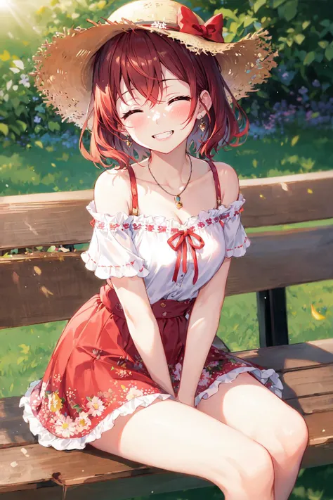 (masterpiece:1.2), best quality, 
1 girl, solo, [tiny:medium:0.7] breasts, madder red hair, (short hair), (wavy hair ends), smile, sitting, hat, shoulder cutout, closed eyes, blush, bench, grin, outdoors, jewelry, clothing cutout, head_tilt, bangs, necklace, floral print, blurry, hand between legs, blurry background, between legs, bow, facing viewer, breasts, bare shoulders, sun hat, straw hat, day, collarbone, hair bow, short sleeves, feet out of frame, ribbon, brown headwear, on bench, depth of field, park bench, ^_^, hair over shoulder, white blouse, red skirt