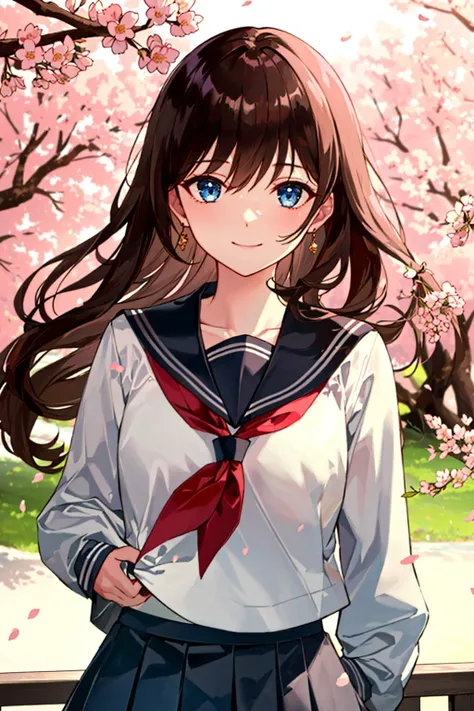 (upper_body:1.5), close-up, cherry_blossoms, outdoors, day, spring_\(season\), 1girl, smile, solo, bangs, blue_eyes, blush, closed_mouth, looking_at_viewer, long_hair, brown_hair, branch, eyebrows_visible_through_hair, floating_hair,hair_between_eyes, blue_sailor_collar, serafuku, long_sleeves, neckerchief, pleated skirt, pink_flower, petals, tree, white_shirt, wind, railing, sky <lora:style_Saburou:1>