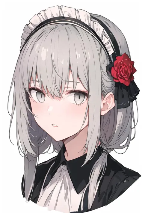 1girl, maid_headdress, solo, rose, flower, maid, grey_eyes, hair_flower, bangs, looking_at_viewer, white_background, black_flower, simple_background, collared_shirt, eyebrows_visible_through_hair, parted_lips, hair_ornament, black_rose, portrait, shirt, cropped_shoulders <lora:style_Kazutakewazano:1>