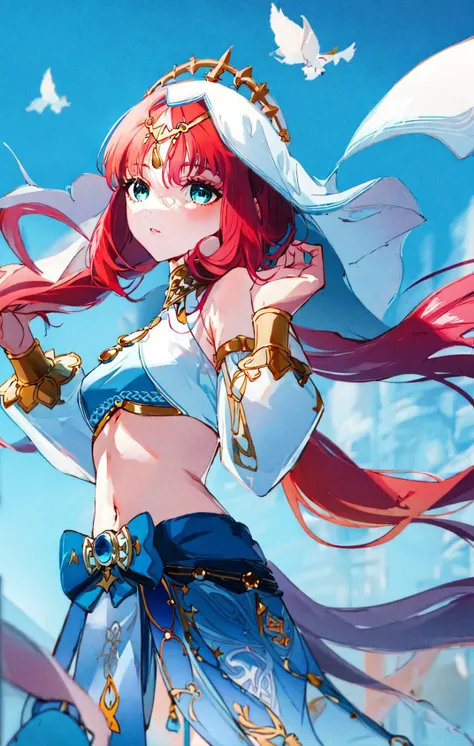 1girl,
beautiful, elegant, 
<lora:nilouGenshinImpact_v10:1> nilou (neither flower nor mist) (genshin impact), aqua eyes, nilou (genshin impact), fake horns, red hair, long hair, crop top, jewelry, horns, veil, bracer, brooch, long sleeves, puffy long sleeves, skirt, bangs, twintails, puffy sleeves, neck ring, gold trim, parted bangs, arm up, circlet, blue skirt, hair ornament, detached sleeves, low twintails, floating hair, gem, hair flower, blue gemstone, dancer, white headwear, medium breasts, midriff, very long hair 
<lora:style_YoneyamaMaiSTD:1>