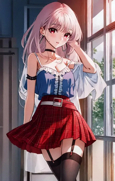 1girl, arm_strap, armlet, bangs, bare_arms, bare_shoulders, belt, black_nails, blue_nails, blurry, blurry_foreground, blush, breasts, camisole, choker, cleavage, collarbone, curtain_grab, curtains, earrings, frills, garter_straps, hand_on_own_chest, indoors, jewelry, large_breasts, long_hair, looking_at_viewer, mole, mole_on_breast, nail_polish, parted_lips, pink_nails, plaid, plaid_skirt, rain, red_eyes, red_nails, red_skirt, ribbon, silver_hair, skirt, sleeveless, solo, spaghetti_strap, strap_slip, thighhighs, very_long_hair, wet, wet_hair, window<lora:style_YoneyamaMaiSTD:1>