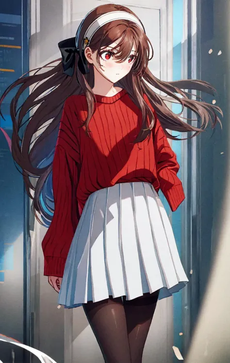 1girl, bangs, black_legwear, blush, bow, breasts, brown_eyes, brown_hair, brown_legwear, closed_mouth, cowboy_shot, eyebrows_visible_through_hair, hair_between_eyes, hair_bow, hairband, long_hair, long_sleeves, looking_at_viewer, medium_breasts, pantyhose, pleated_skirt, red_bow, red_eyes, red_sweater, ribbed_sweater, ribbon, skirt, sleeves_past_wrists, solo, standing, sweater, very_long_hair, white_skirt <lora:style_YoneyamaMaiSTD:1>