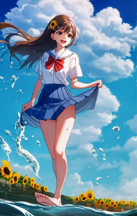 1girl, :d, air_bubble, arm_up, bangs, bare_legs, barefoot, beach, blue_skirt, blue_sky, blush, boat, bow, bowtie, breast_pocket, breasts, brown_eyes, brown_hair, bubble, caustics, cloud, cloudy_sky, collarbone, collared_shirt, day, dress_shirt, earth_\(planet\), eyebrows_visible_through_hair, floating_hair, flower, hair_flower, hair_ornament, hairclip, holding, holding_flower, horizon, island, lake, leg_up, long_hair, looking_at_viewer, medium_breasts, mountain, mountainous_horizon, ocean, open_mouth, orange_flower, outdoors, pink_flower, pleated_skirt, pool, poolside, red_bow, red_bowtie, red_flower, river, sand, school_uniform, shallow_water, shirt, shore, short_sleeves, signature, skirt, skirt_hold, sky, smile, solo, splashing, standing, standing_on_one_leg, striped, striped_bow, striped_bowtie, sunflower, sunflower_hair_ornament, sunlight, swimsuit, teeth, upper_teeth, wading, walking_on_liquid, water, water_drop, watercraft, waves, wet, white_flower, white_shirt, yellow_flower <lora:style_YoneyamaMaiSTD:1>