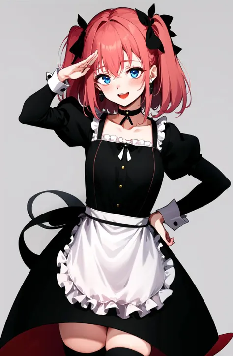 choker, thighhighs, solo, apron, earrings, waist_apron, long_hair, black_legwear, open_mouth, white_background, jewelry, blue_eyes, white_apron, black_choker, smile, simple_background, long_sleeves, maid, pink_hair, collarbone, one_side_up, two_side_up, puffy_sleeves, looking_at_viewer, blush, eyebrows_visible_through_hair, dress, 1girl, floating_hair, hair_between_eyes, hair_ribbon, frills, male_focus, standing, :d, ribbon, otoko_no_ko, frilled_apron, black_ribbon, juliet_sleeves, 1boy, black_dress, bangs, skirt, bow, maid_apron, salute, enmaided, upper_teeth <lora:style_Kiyokujiyo:1>