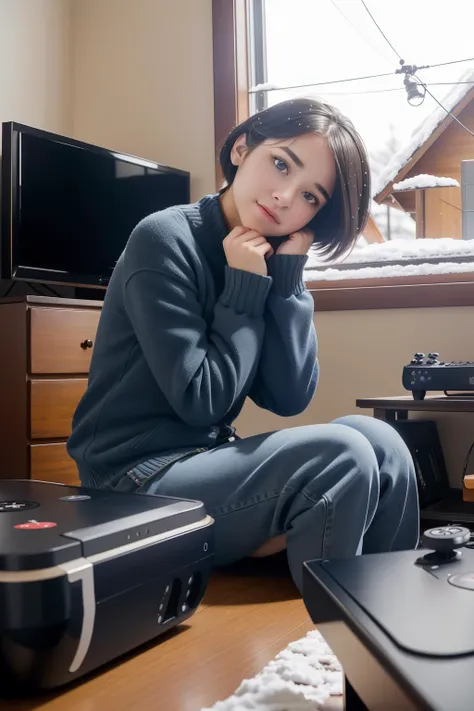 1girl, 1900'S 95 y.o. flyweight Sadness from Inside Out surrounded by Game consoles, Composing music, Snowing, shallow depth of field, Direct light, 800mm lens, female