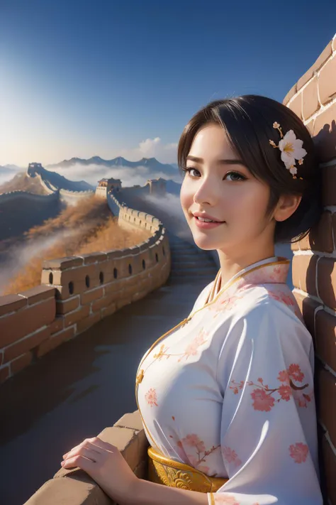 1girl, blossoms, Icy Slimy (Great Wall of China:1.2) , Foggy, shallow depth of field, stylized by Pixar, Movie still, Satisfying, Japonism Art, Warm lighting