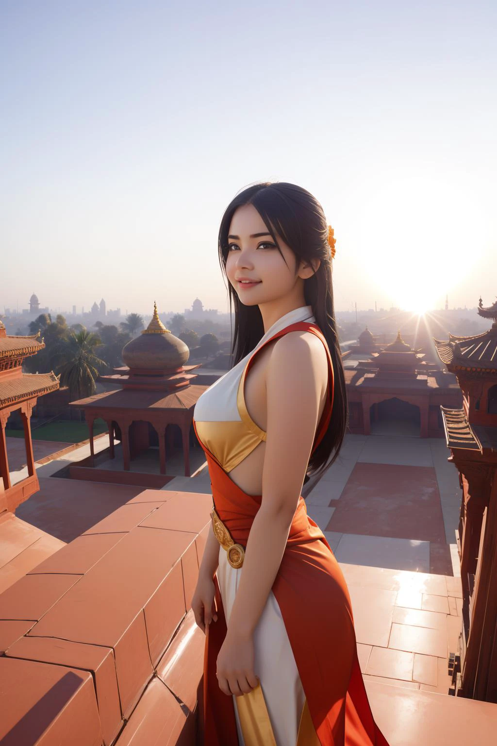 1girl, Animecore, behance, landscape of 2000'S Asuncion in the distance there is a Fatehpur Sikri, Clear skies, (designed by Zhang Yimou:0.7) , Joyful, soft light, Selective focus, Hypersaturated, epic fantasy, heroic