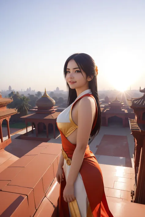 1girl, Animecore, behance, landscape of 2000'S Asuncion in the distance there is a Fatehpur Sikri, Clear skies, (designed by Zhang Yimou:0.7) , Joyful, soft light, Selective focus, Hypersaturated, epic fantasy, heroic