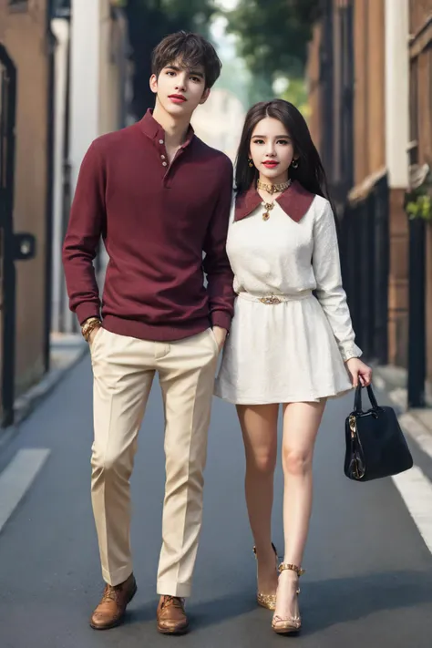 full body portrait, dynamic background, 1girl, 1boy, close each other, masterpiece, best quality, standing, short, casual, pretty jewelry collar, brown eyes,