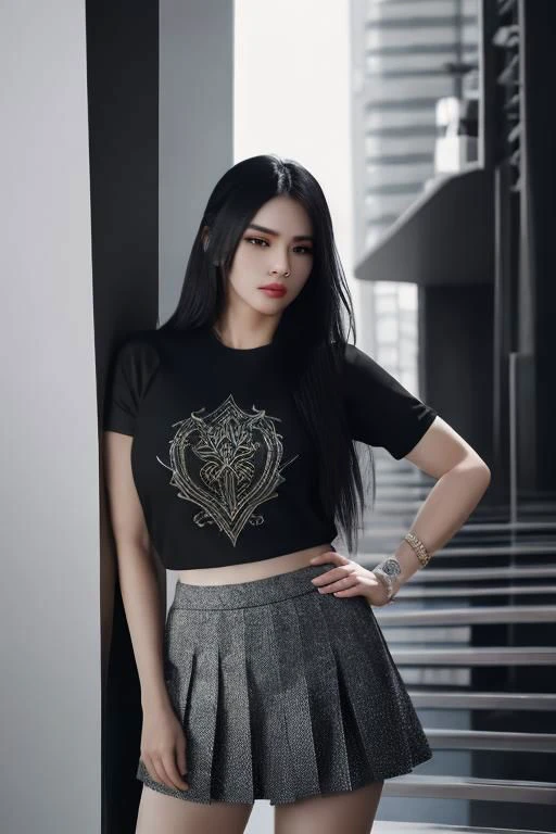 1girl, casual t-shirt, pleated skirt, dynamic backround, dynamic lighting, standing pose, eyeliner, modern minimalism, Technical illustration, Graphic design, High contrast, Precision artwork, Linear compositions, Scalable artwork, Sharp focus, humorous illustration, big depth of field, (Masterpiece, trending on artstation, Vivid colors, trending on ArtStation, trending on CGSociety, Intricate, hyper detailed, dramatic, Photorealistic, Hyperrealistic, Hyperdetailed, analog style, detailed skin, detailed hair, matte skin, realistic, heavy shadow, masterpiece, best quality, ultra realistic, 8k, Intricate, High Detail), <lora:SDXLrender_v2.0:1>