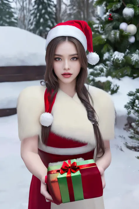 outdoors, snow, snowing, cowboy shot, ((Raw 8K cg unity, Ray tracing, octan render, best quality, masterpiece, absurbres, super-resolution, highly detailed, christmas)), sexy attractive beautiful female, wearing santa outfit, hyperreal photography, snow ball, (present a gift:1.5)