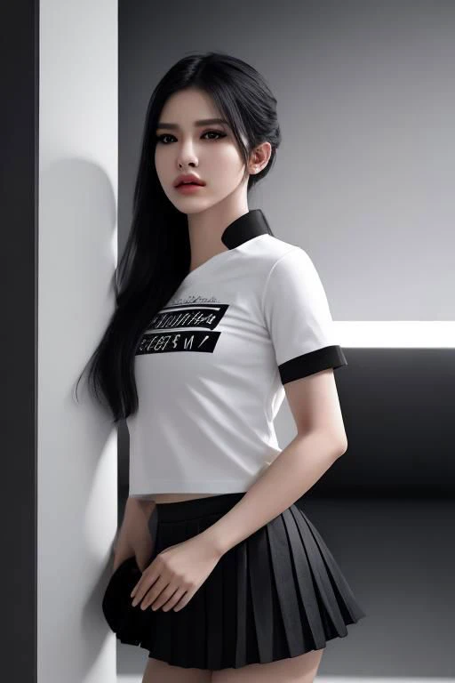 1girl, casual t-shirt, pleated miniskirt, dynamic backround, dynamic lighting, standing pose, eyeliner, modern minimalism, Technical illustration, Graphic design, High contrast, Precision artwork, Linear compositions, Scalable artwork, Sharp focus, humorous illustration, big depth of field, (Masterpiece, trending on artstation, Vivid colors, trending on ArtStation, trending on CGSociety, Intricate, hyper detailed, dramatic, Photorealistic, Hyperrealistic, Hyperdetailed, analog style,  detailed skin, detailed hair, matte skin,  realistic, heavy shadow, masterpiece, best quality, ultra realistic, 8k, Intricate, High Detail), <lora:SDXLrender_v2.0:1>