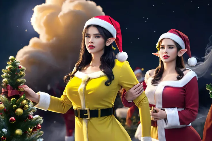 4irls, hetero, multiple girls, beautiful face, amazing body, (("yellow Team" text on sky)), ((yellow smoke:1.5)), Mistletoe Mercenaries, Elite Forces, huge weapon, (mistletoe:1.5), ((yellow team arresting santa and his elves:1.5)), ((yellow angel outfit)), ((mistletoe:1.5)), ((night:1.5)), ((kingdom of darkness:1.5)), nightmare christmas, sharp details, cg unity, ((kingdom of darkness background, dark night sky:1.5)), epic, gorgeous, film grain, christmas, cinematic, ray traced, insanely detailed and intricate, hyper maximalist, elegant, super detailed, volumetric, ultra - detailed, 8k, ambient occlusion, volumetric lighting, high contrast, hdr