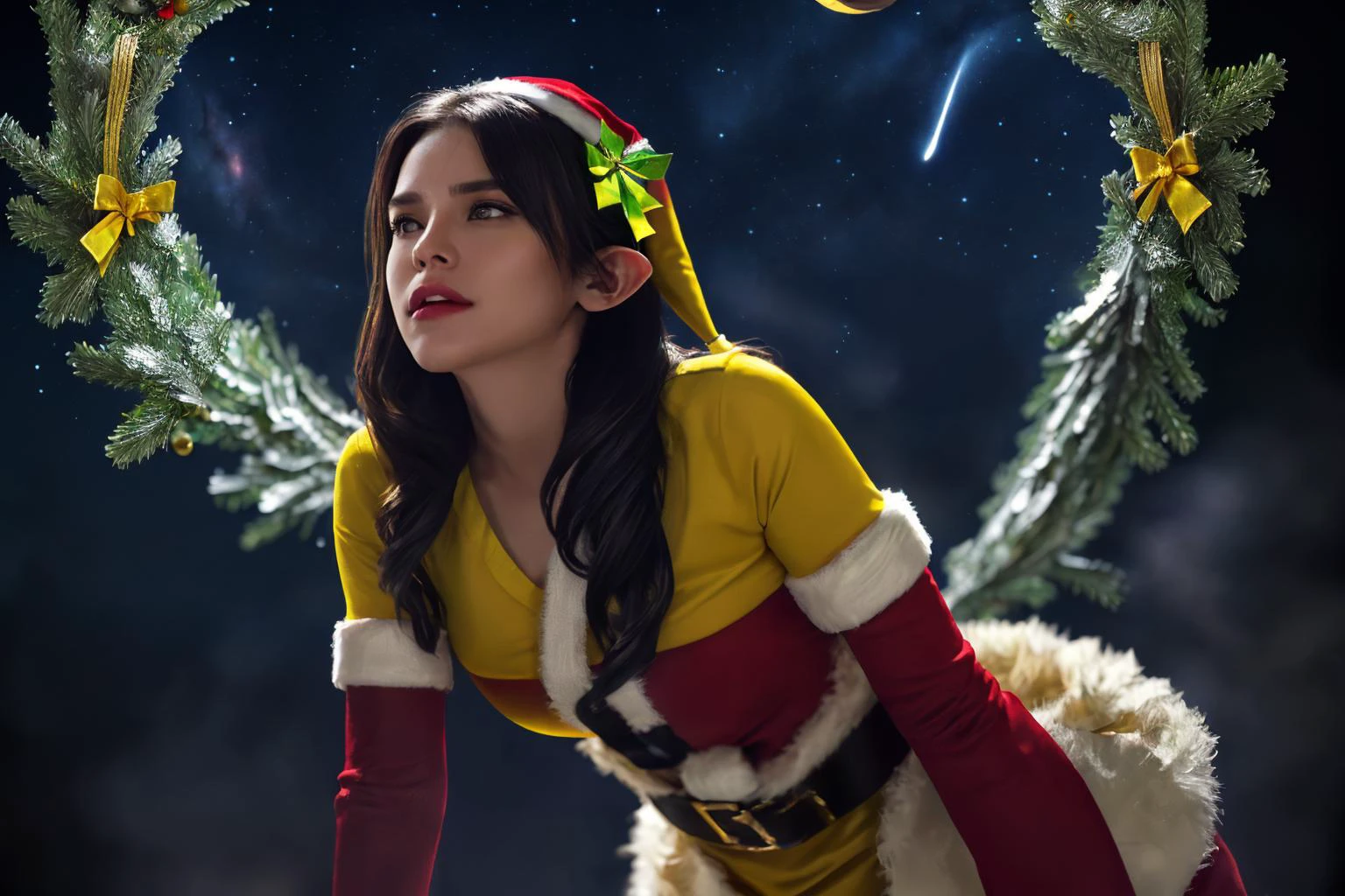 ((yellow smoke)), Mistletoe Mercenaries, Elite Forces, (mistletoe:1.5), ((yellow team arresting santa and his elves)), ((yellow angel outfit)), ((mistletoe:1.5)), ((night:1.5)), ((kingdom of darkness:1.5)), nightmare christmas, sharp details, cg unity, ((kingdom of darkness background, dark night sky:1.5)), epic, gorgeous, film grain, christmas, cinematic, ray traced, insanely detailed and intricate, hyper maximalist, elegant, super detailed, volumetric, ultra - detailed, 8k, ambient occlusion, volumetric lighting, high contrast, hdr, <lora:concept-caught-v1:0.2> caught, caught, yellow shirt