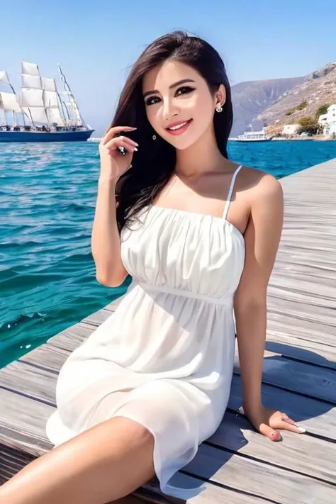 photo of a cute woman, portraid, create an instagram phenomenon, full frame great photos from a distance on a dock on the sea in the greek islands, blur the background, hands prominent facial features clear and flawless. design the photo as a real woman in a see through sundress, ultra detail