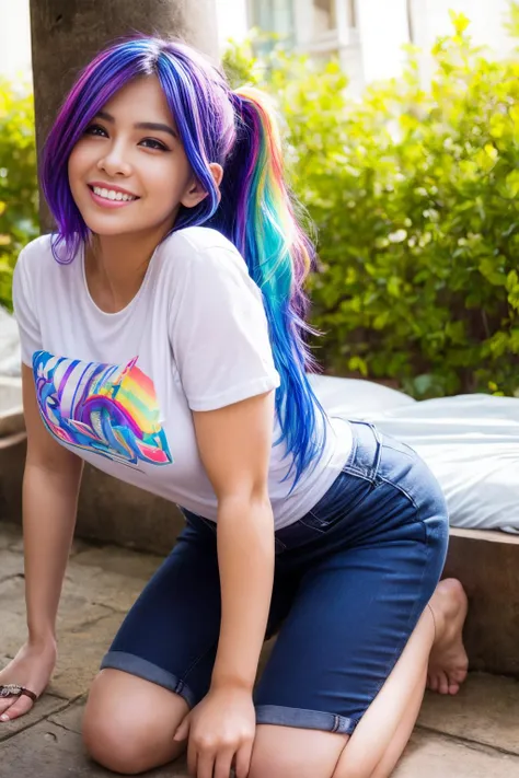 eyes,nose,lips,teeth,a cute girl kneeling on a bed, looking at viewer, (seductive smile:0.4), blush, perfecteyes eyes, (rainbow hair:1.3), (white t-shirt:1.3), wetshirt, bottomless, sunlight, spread legs, arms behind back, pubic hair <lora:add_detail:1>