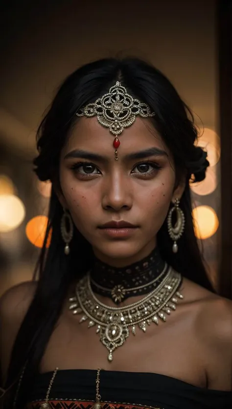 A medium 40mm glamour portrait of a tribal woman, (detailed facial features:0.2), high quality, professional photo, 28mm, (intricate detail), ((incredibly detailed skin:0.38)), Surreal Harmony, cinematic, lighting, 8K, HDR10, analog