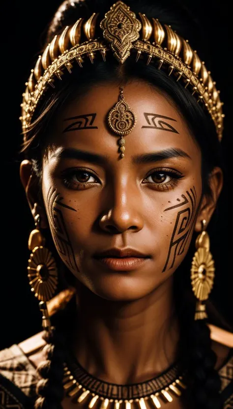 A medium 40mm glamour portrait of a tribal woman, (detailed facial features:0.2), high quality, professional photo, 28mm, (intricate detail), ((incredibly detailed skin:0.38)), Surreal Harmony, cinematic, lighting, 8K, HDR10, analog