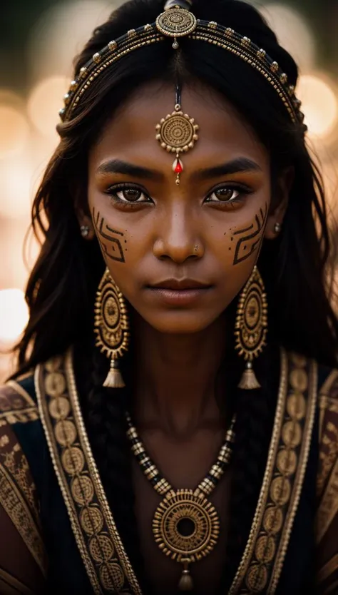 A medium 40mm glamour portrait of a tribal woman, (detailed facial features:0.2), high quality, professional photo, 28mm, (intricate detail), ((incredibly detailed skin:0.38)), Surreal Harmony, cinematic, lighting, 8K, HDR10, analog