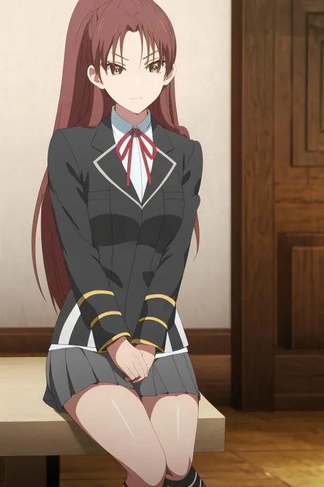 masterpiece, high quality, highres, jenna, sitting, school uniform, <lora:Jenna_Bartfort-10:1>