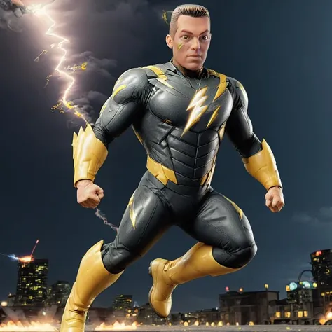<lora:Buzz_SDXL:1> Buzz as a superhero, black and yellow suit, flying through the air, lightning bolt in his hand