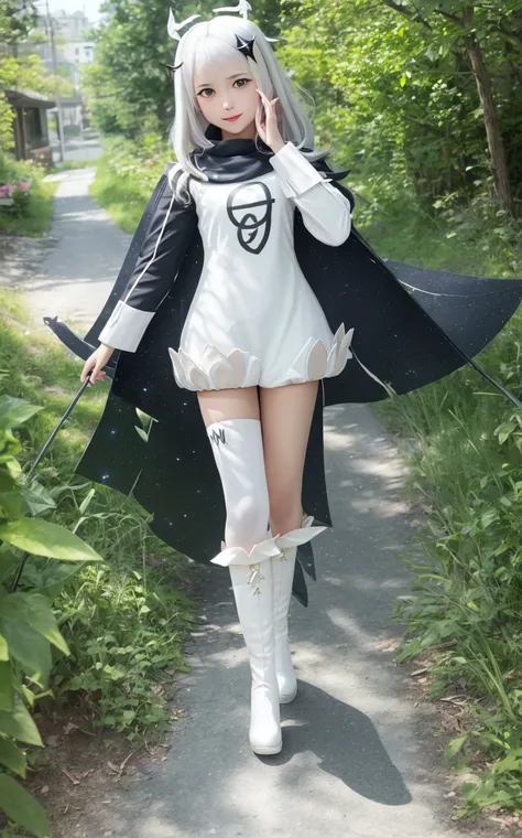 best quality, masterpiece, soft lighting, absurdres, hyperrealistic, 1girl, solo, thighhighs, paimon (genshin impact), long sleeves, white dress, dress, halo, thighhighs under boots, single thighhigh, bangs, boots, hair between eyes, white footwear, white thighhighs, white hair, happy, floating in the air, closed eyes, waving, smile, town street, open mouth,flying <lora:paimonGenshinImpact_v10:1.2> <lora:koreanDollLikenesss_v10:0.2>, warm soft color grading, soft warm skin, evil dark forest, moonlight, flowers, hyper-realistic, ultra-detailed, photorealistic, cinematic lighting, raytracing