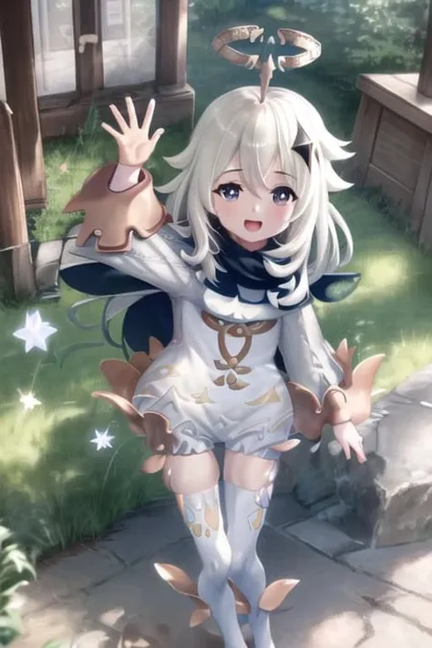 best quality, masterpiece, soft lighting, absurdres, hyperrealistic, 1girl, solo, thighhighs, paimon (genshin impact), long sleeves, white dress, dress, halo, thighhighs under boots, single thighhigh, bangs, boots, hair between eyes, white footwear, white thighhighs, white hair, happy, floating in the air, closed eyes, waving, smile, town street, open mouth<lora:amberGenshinImpact_flexibleV1:1>