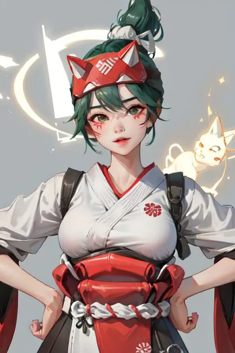 (masterpiece:1.2, best quality),1girl,solo,kriko ow,nsfw, looking at viewer,upper body,hands on hips,green hair,simple background, japanese clothes, mask, white kimono,<lora:kirikoOverwatch_v10:1>,